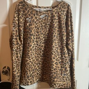 Leopard distressed light fleece sweatshirt. 2X